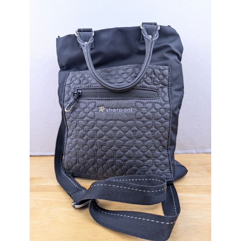 Sherpani Black Quilted Floral Nylon Crossbody Tote Bag with Adjustable Strap